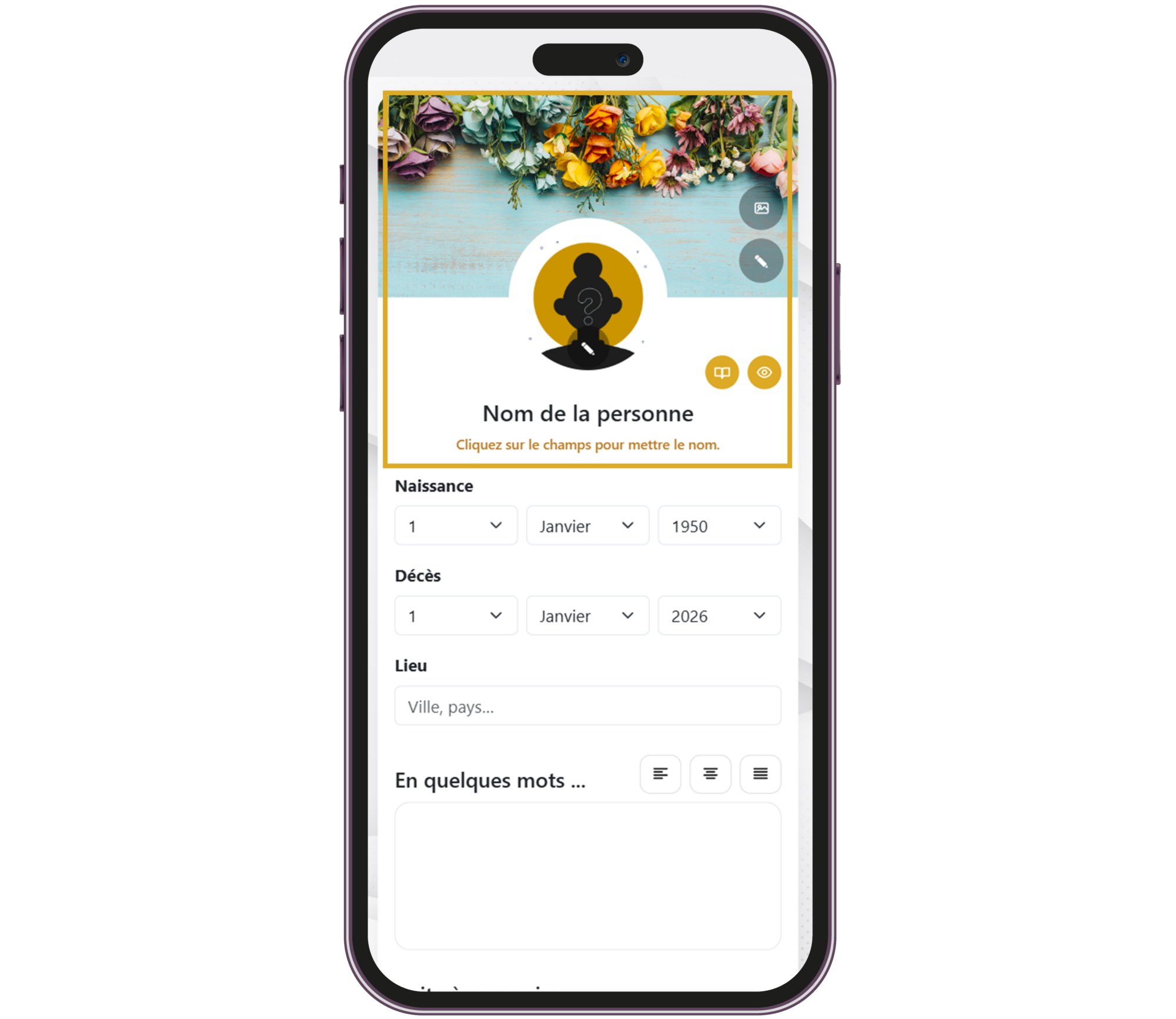 Ajout des informations importantes sur le profil souvenir